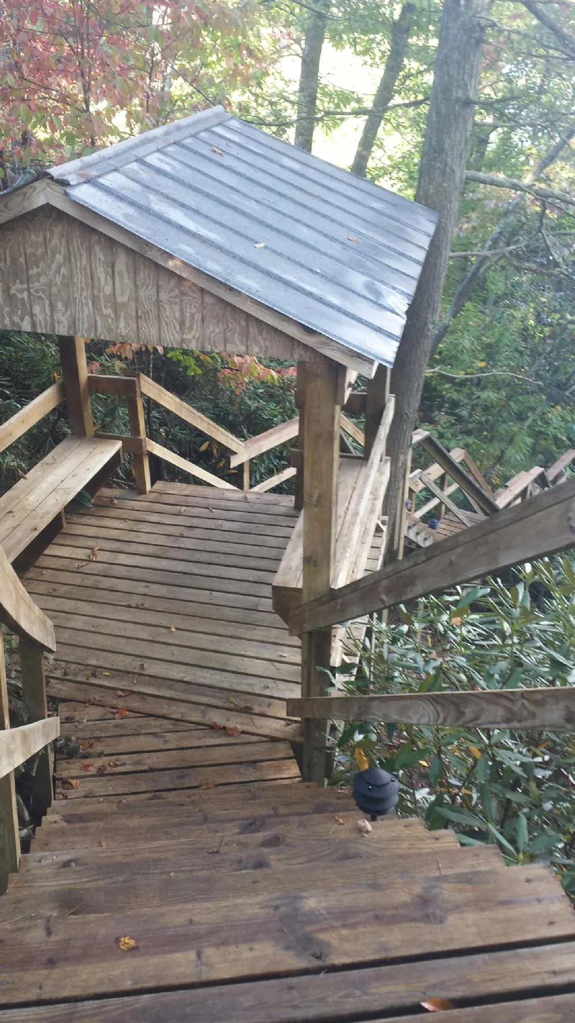 Metal roofed shelter over wooden steps on a wooded walkway — Skylight Repair & Installation work by our crew in Morrisville